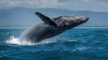 A humpback whale launches itself into the air, creating a splash as it breaches the surface of the water. The scene captures the beauty of marine life in a tropical setting under a clear sky