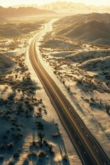Fototapeta premium Desert highway curving through arid landscape with mountains in distance and shadows falling across roadside. Minimal vegetation visible along the edges of the asphalt path