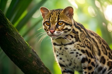 Naklejka premium Ocelot Portrait With Bright Eyes In Lush Green Jungle Looking Alert And Beautiful Wildlife Scene Capturing Intricate Details Of Fur And Habitat, ocelot, wild cat, jungle, feline, wildlife, predator