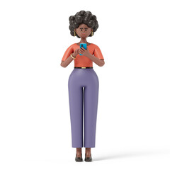 A woman using at his phone, symbolizing connectivity or communication. 3D rendering, conceptual image. Isolated on white background.