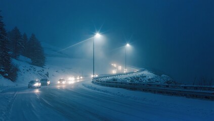 Cars driving on snowy mountain road at night with street lights illuminating icy surface and foggy air, creating atmospheric scene of winter travel, safety, cold weather, and seasonal transportation.