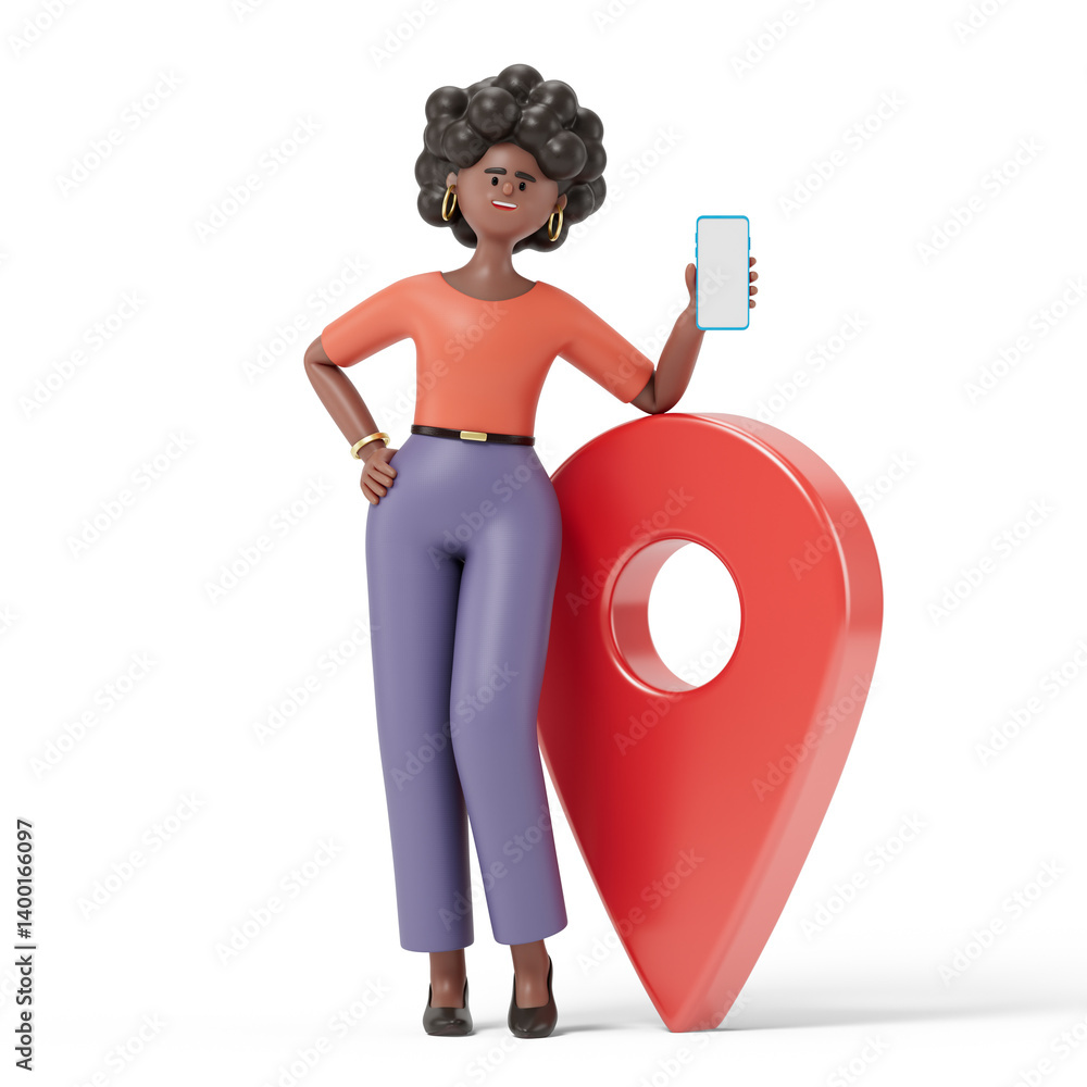 Poster a woman stands next to a large location pin while holding a smartphone, symbolizing navigation or lo