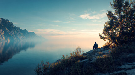 A person thinking in solitude, in a serene place, ultra-realistic, 4K