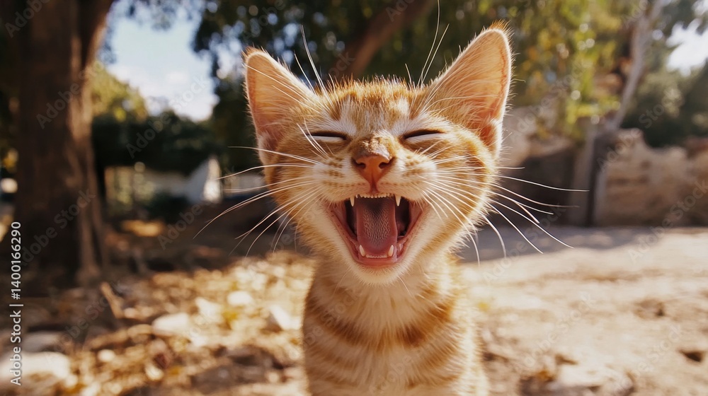 Poster adorable ginger kitten yawning in the sun bathed in golden light with a playful expression and a blu