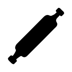 A black silhouette of a drop through longboard on a white background