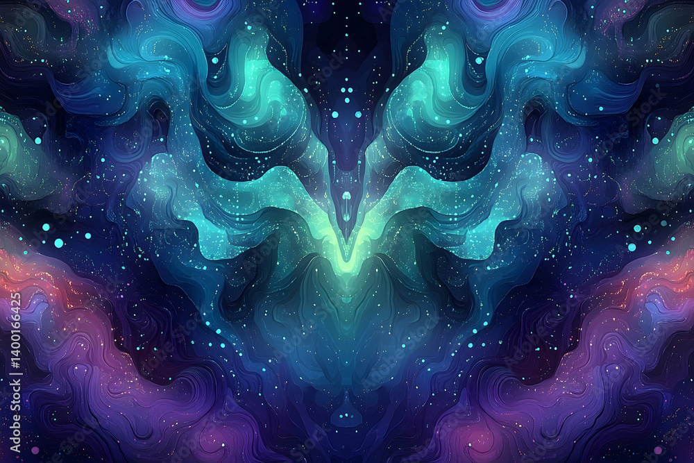 Poster a mesmerizing abstract image of swirling cosmic patterns with shimmering, layered textures.