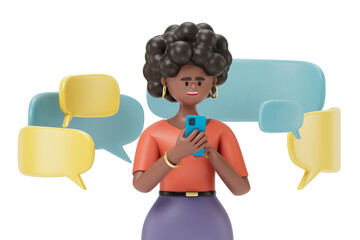 A woman uses a smartphone with speech bubbles, symbolizing digital communication or social media interaction. 3D rendering, conceptual image. Isolated on white background.