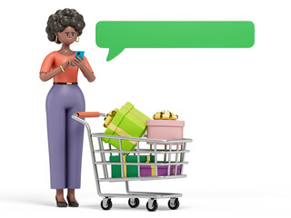 A woman with a shopping cart and smartphone, symbolizing online shopping or digital commerce. 3D rendering, conceptual image. Isolated on white background.