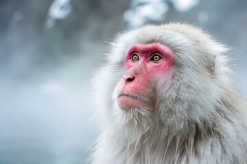 Fototapeta premium Portrait Of A Japanese Macaque Snow Monkey Gazing Upward With Soft Fur And Intelligent Eyes In Winter, japanese macaque, snow monkey, monkey, macaque, wildlife, animal, primate, japan, winter, nature