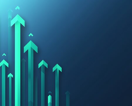 Blue background with green arrows pointing upwards, connected and spaced apart, representing growth, success, and dynamic development in a modern visual