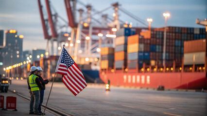 Workers holding American flag at shipping port at dusk