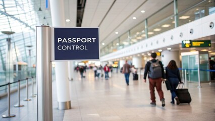 Passport control sign in modern airport terminal