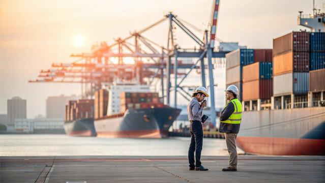 Workers discussing logistics at busy shipping port