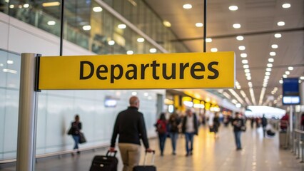 Departures sign in busy modern airport terminal