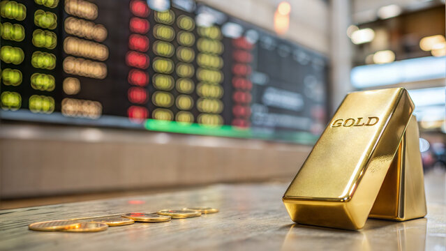 Gold bars and coins in front of stock exchange board