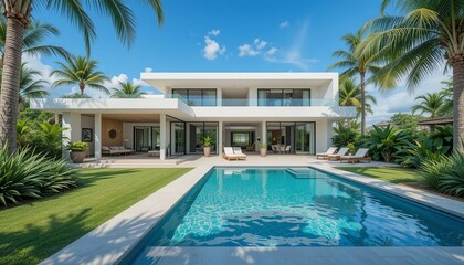 Fototapeta premium Modern luxury home with a pool and lush greenery, perfect for relaxing and enjoying the sunny weather. A dreamy escape awaits!