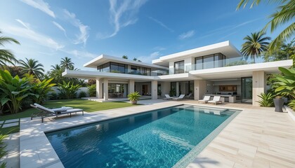 Fototapeta premium Luxury modern villa with a swimming pool. Clear skies, lush greenery, a perfect tropical escape. Relax and enjoy outdoor living.