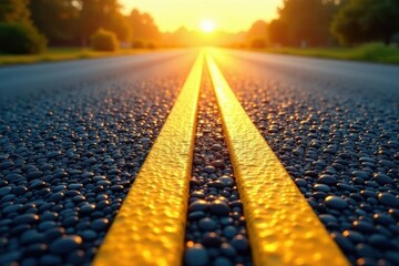 Sunlit asphalt, two dashed yellow lines, road surface, transportation, road, lanes