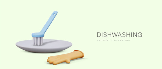 Tools and accessories for easy washing of plates. Hand protection when working with detergents. Concept of household works, dishwashing. Creative poster on yellow background in 3D style