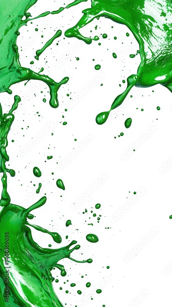 Poster vibrant emerald green paint splashes against a clean white backdrop capturing dynamic fluidity and a