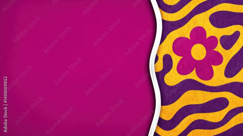 Poster vibrant fuchsia pink fabric split with yellow floral pattern in vertical symmetrical textile layout 