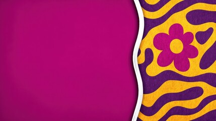 Vibrant fuchsia pink fabric split with yellow floral pattern in vertical symmetrical textile layout forming abstract pop art inspired background visual for vector graphic design content