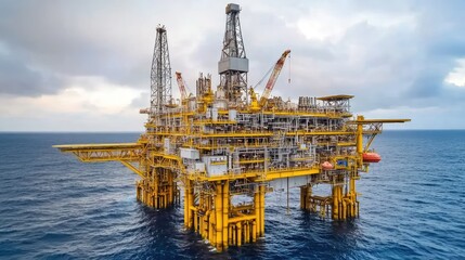 Aerial view of an offshore oil platform surrounded by the open sea and cloudy skies