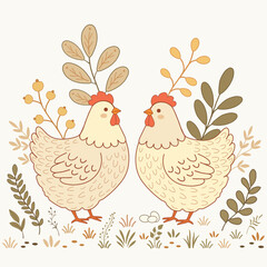 Illustration of two funny cartoon chickens on white background