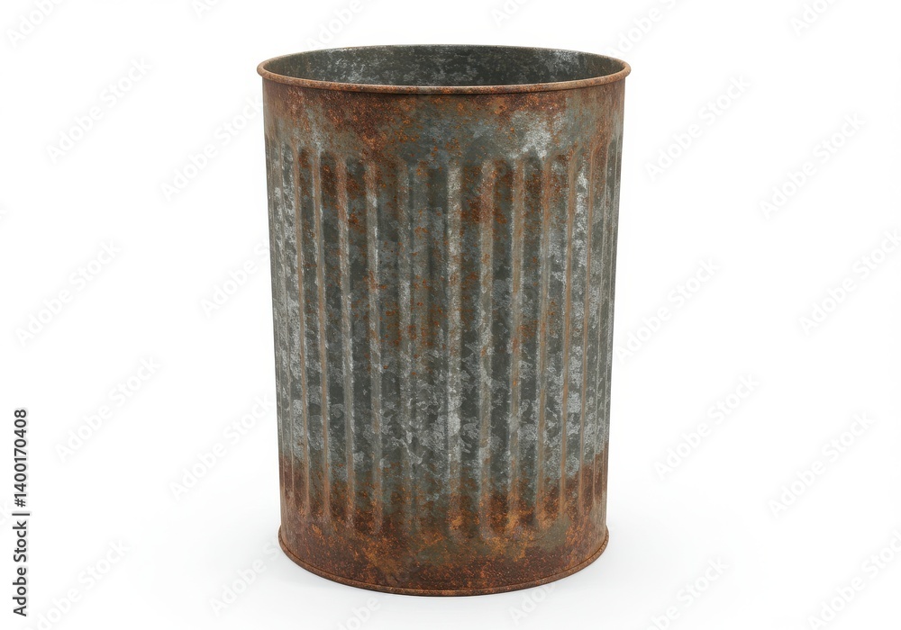 Aufkleber a rusty metal container with vertical ridges sits on a white surface in a studio setting view
