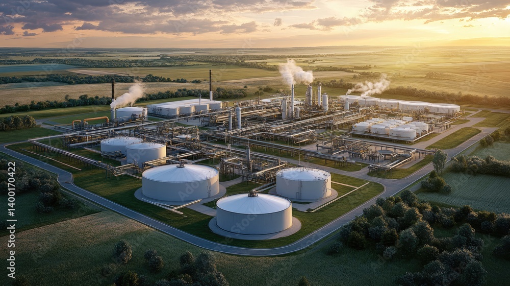 Poster aerial view of a sprawling chemical factory with interconnected pipelines and storage tanks