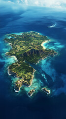 Naklejka premium Aerial view of a tropical island surrounded by deep blue waters, pure paradise vibes