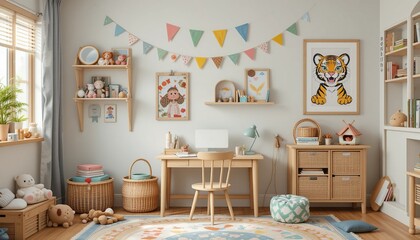 Charming child's room with cozy decor, natural light, wooden furniture, playful accents, and a welcoming atmosphere.