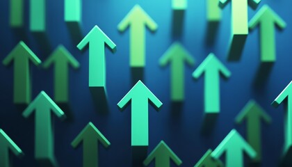 Green arrows pointing upwards on a blue background, spaced out and connected, illustrating the concept of growth and positive momentum in a hightech setting