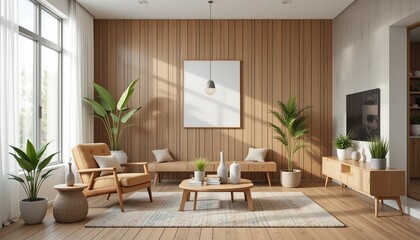 Inviting living room with a wooden wall, light-colored furniture, and indoor plants creating a natural and comfortable atmosphere.