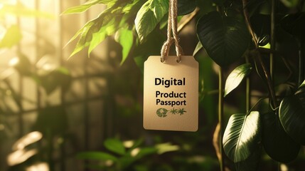 Eco Digital Product Passport Tag Hanging On Plant In Sunlight
