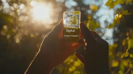 Transparent Digital Passport Screen Held In Forest With Sunlight