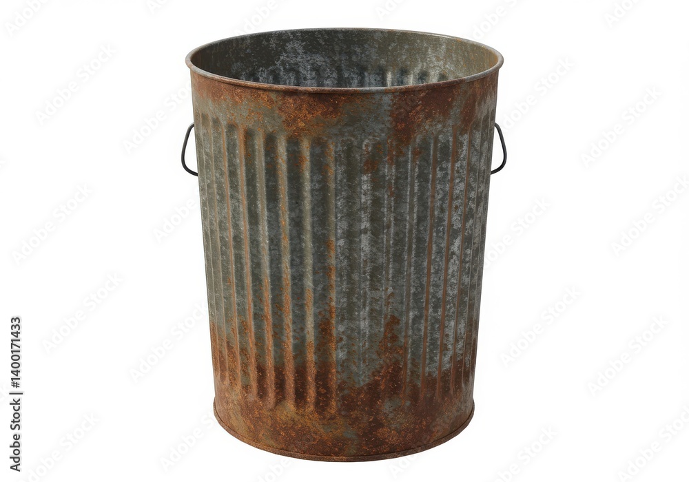 Aufkleber an isolated view of a weathered metal trash can with rust and vertical ridges on a white background