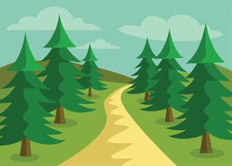 path along spruce forest with big green trees game