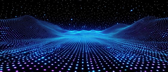 Neon blue hexagon grid on a black background, futuristic vector design with glowing hexagons and vibrant blue light effects