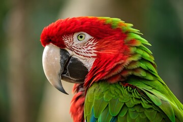 Captivating Portrait Of A Majestic Red And Green Macaw Bird Showcasing Vibrant Feathers And Striking Eye In Natural Light, macaw, parrot, bird, red, green, tropical, exotic, wildlife, colorful