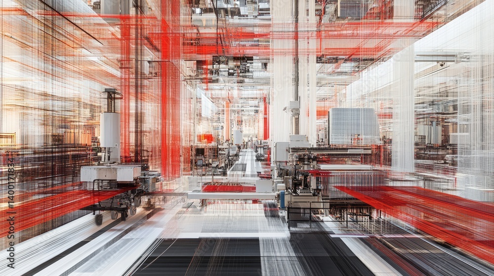 Poster automatic weaving machines interlacing threads in a high-tech textile mill