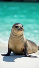 Sleek seal basks on white sand, turquoise water backdrop, sand, fauna, sealife