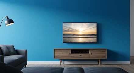 Serene Sunset: 3D Render of a Modern Living Room with Vibrant Teal Walls AI Generated