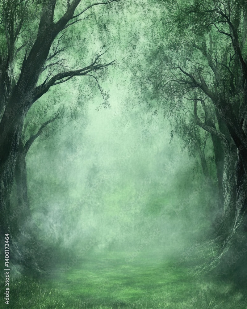 Poster enchanted forest path with ethereal mist and lush green foliage creating a serene and mysterious atm