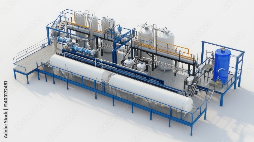 Poster a complex chemical production line with liquid processing tanks and automated controls