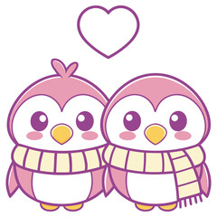 Adorable Pink Kawaii Penguin Couple With Scarf and Heart Shape on transparent background