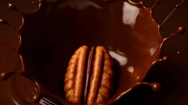 Pecan nut falling into melted chocolate creating a splash in slow motion
