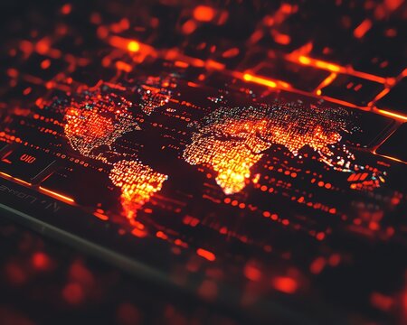 Digital global map hologram on a laptop keyboard with a binary code background, symbolizing data security and global communication, 3D rendered