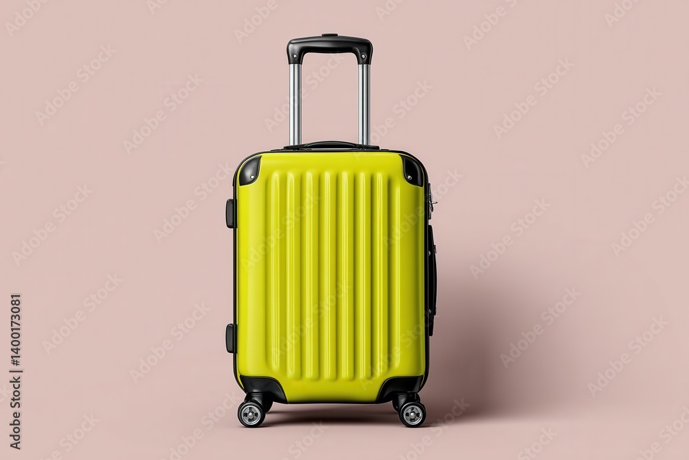 Aufkleber yellow upright rolling suitcase standing alone on soft beige background in minimalist centered compo