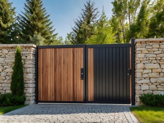 Wide automatic sliding gate made of planks with remote control, installed in high stone fence wall. Security, protection, privacy concept for automated property. Modern, electrical design, closed